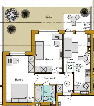 2-кімнатна квартира 63 м² з власним двориком кухня-вітальня 20 м² - фото 1