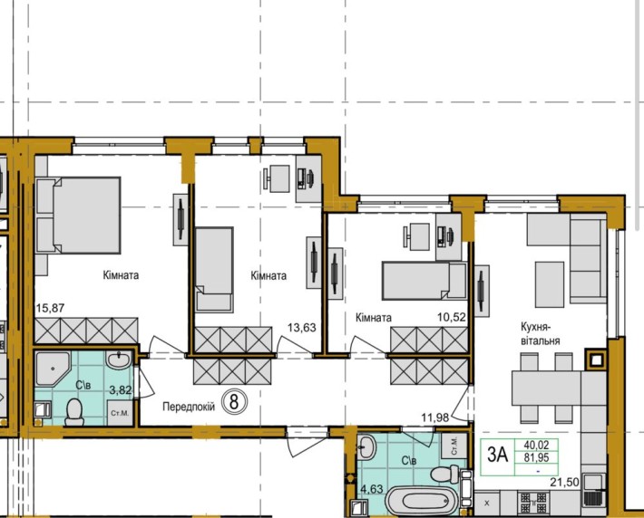 3-кімнатна квартира 105 м² , кухня-вітальня 22 м² , розтермінування - фото 1