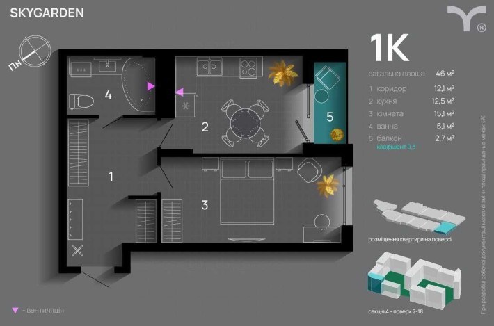 Продаж 1-кім квартира з ергономічним плануванням ЖК Skygarden a - фото 1