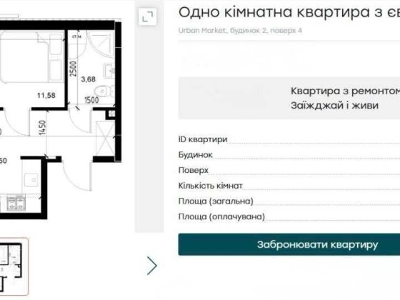 Продам одно кімнатну квартиру з терасою та з ремонтом в Urban Market Авангард