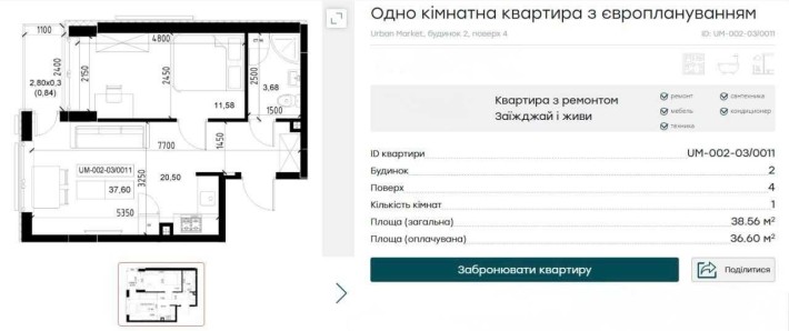 Продам одно кімнатну квартиру з терасою та з ремонтом в Urban Market - фото 1