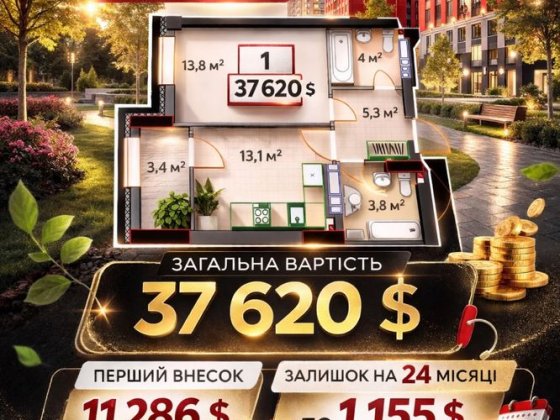 1-кімнатна квартира 39,6 м² інвестуй сьогодні! Ирпень