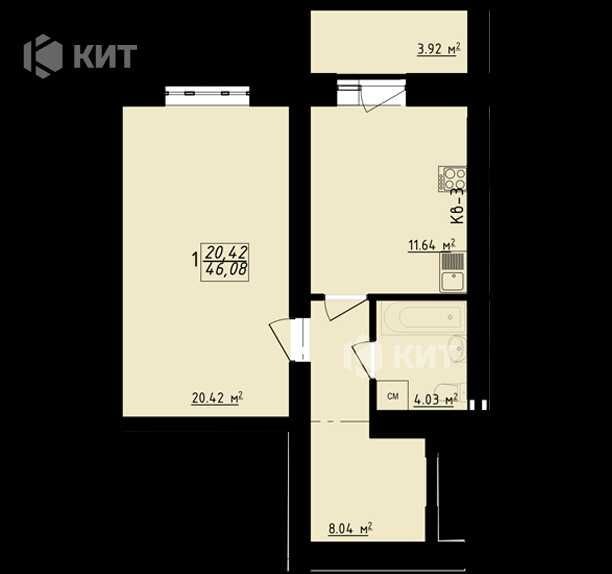 1к., 46м2, Центр (м. Гагарина, ЖК Левада, ул. Заливная 12) 128520 - фото 1