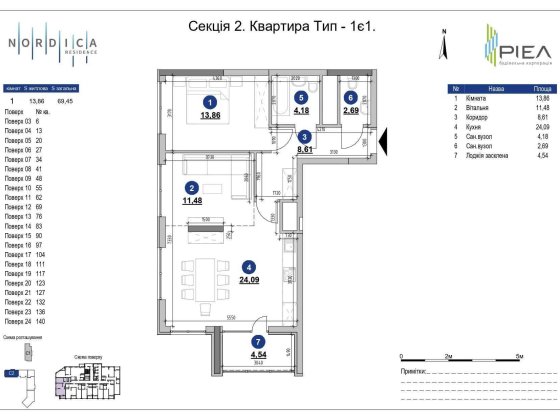 БЕЗ%! ЖК Nordica Reseidence, 2к квартира 69.45м2, Липки Київ