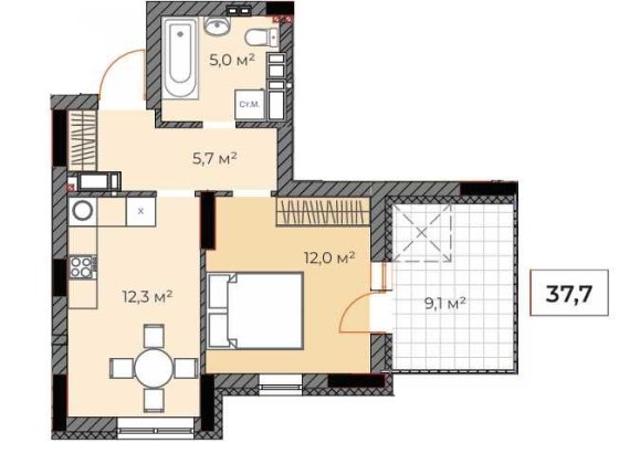 Однокімнатна квартира 37 м2 з терасою Ірпінь 37 946$ Ірпінь