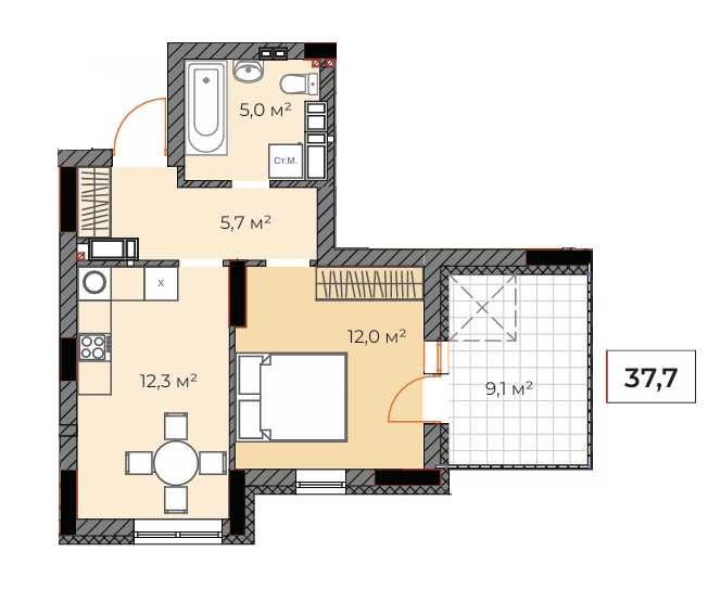 Однокімнатна квартира 37 м2 з терасою Ірпінь 37 946$ - фото 1