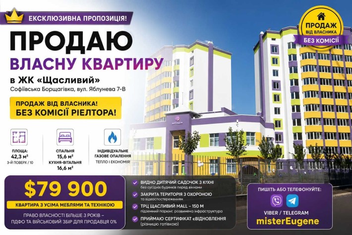 Євродвушка від власника у ЖК Щасливий на Яблуневій 7В: підземний паркінг, садок та торговий центр пі - фото 1