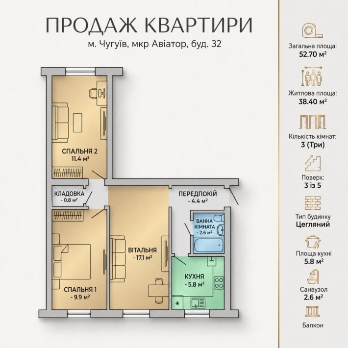 Продаж 3-кімнатної квартири в мкр Авіатор, Чугуїв, під ремонт - фото 1