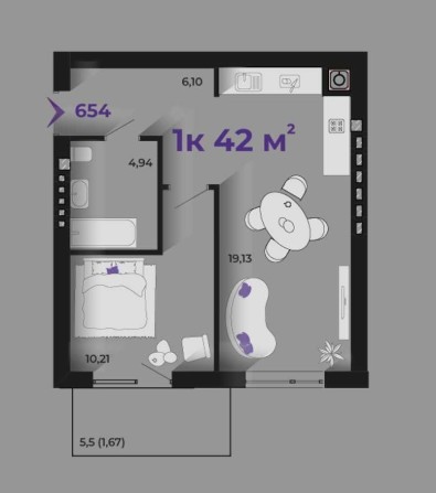 1 кімнатна квартира в ЖК Prostir — 42 м² в 6 секціЇ на 5 поверсі_KD - фото 1