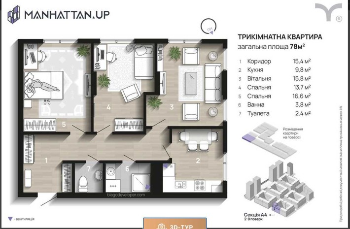 Видова 3-к квартира 78м² ЖК Manhattan Up / Манхеттен Ап  з басейном на даху | секція А4 | Здана | Вл - фото 1