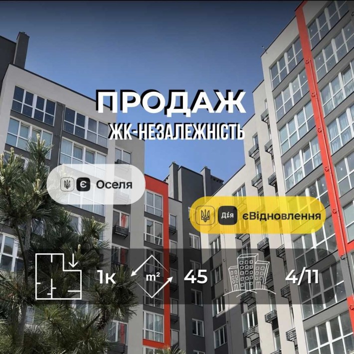 Однокімнатна квартира, 45 м2, ЖК "Незалежність", р-н Масани, єОселя, єВідновлення v714 - фото 1