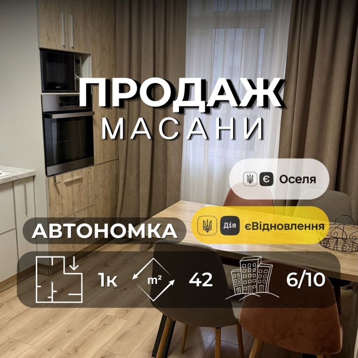 1 кімнатна квартира з ремонтом та меблями автономним опеленням під державні програми масани RB - фото 1