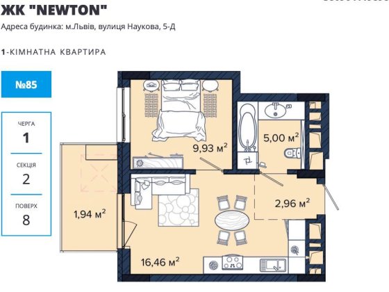 Продаж 1-к квартири в ЖК Newton, вул. Наукова, Львів Львов