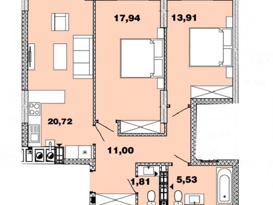ЖК «Crystal Avenue». 2-кімн. на 3 поверсі (72 м2). Торг Петропавлівська Борщагівка