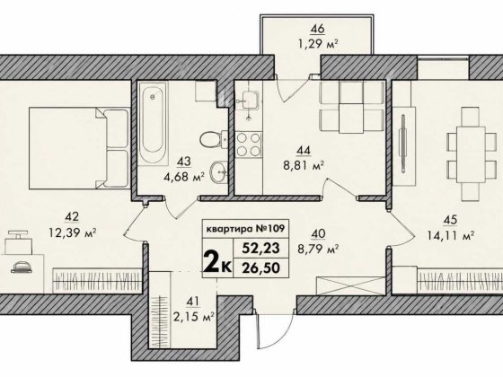 2 кімн. квартира з автономним опаленням від ЖК Park Residence. 53м²