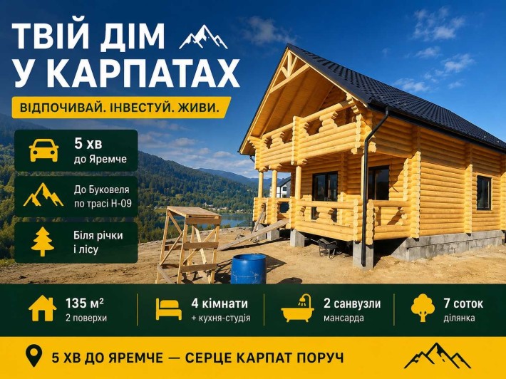 Шале в Карпатах поруч з Ворохтою: будинок з бруса 135 м², 7 соток, свердловина, місце під баню - фото 1