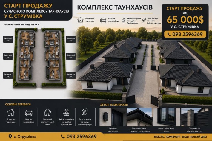 ‼️Нові одноповерхові таунхауси в Струмівці | 65–85 м² | Закрита територія‼️ - фото 1