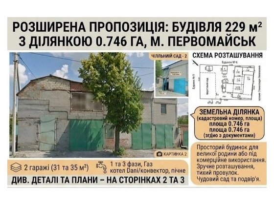 Продам будинок, приміщення під комерцію 229 м² з ділянкою 0,746 га та 2 гаражами