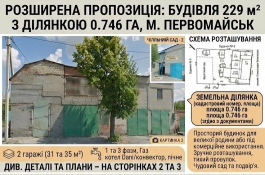 Продам будинок, приміщення під комерцію 229 м² з ділянкою 0,746 га та 2 гаражами - фото 1