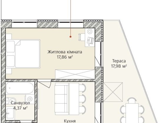 Продаж 1к квартири 44,16 м² з терасою 17,98  м² в  Ірпені в новому ЖК Бруклін •  52992$ • оформлення Буча