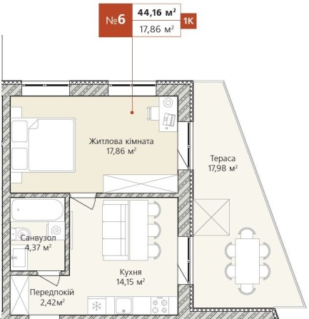 Продаж 1к квартири 44,16 м² з терасою 17,98  м² в  Ірпені в новому ЖК Бруклін •  52992$ • оформлення - фото 1