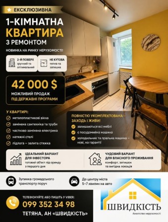 Є$ Гарна 1-кімнатна квартира, можна під пасивний дохід для оренди - фото 1