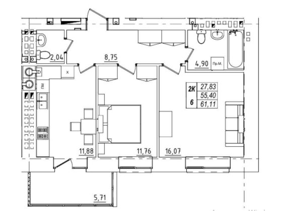 ЖК Сінна | 2 кімнати | 61 м² | Вид на центр міста Полтава