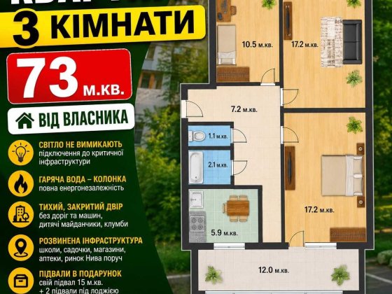 Продаж 3-кімнатної квартири ВЛАСНИК | 73,2 м² | 1 поверх Чернігів