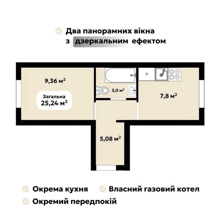 1-кімнатна 25,24 м² з власною терасою 10м², ЖК Oazis Hills, 1 поверх - фото 1