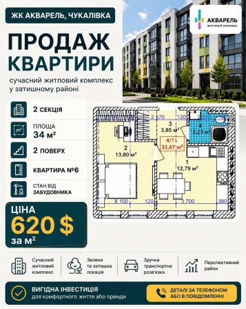 Продаж квартири в ЖК «Акварель» (Чукалівка) - фото 1