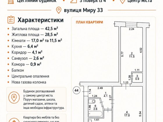 Продам 2-кімнатну квартиру в центрі м. Гребінка, вул. Миру Гребенка