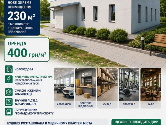 Оренда. Центр міста. Під автосалон / поштове відділення / склад / спортзал / кафе