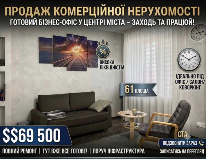 Інвестиція ! Комерційне приміщення з Ремонтом в Центрі міста/ 61м2 - фото 1