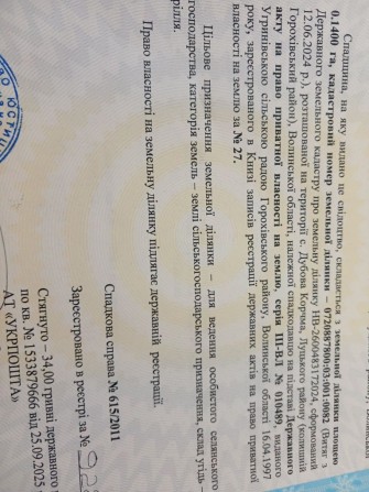 Продам земельні  ділянки в с.Дубова Корчма,Луцького району . - фото 1