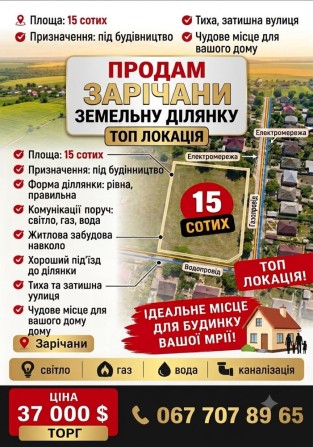 Продаж фасадної рівної земельної ділянки, ЗАРІЧАНИ/документи/забудову - фото 1