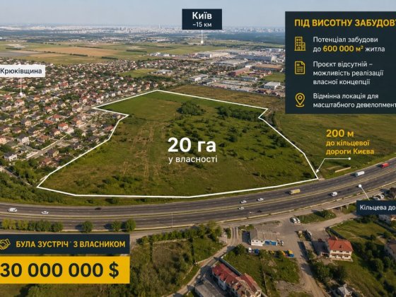 Продаж земельної ділянки 20 га під житлову забудову | Крюківщина | 200 м до Києва Крюковщина