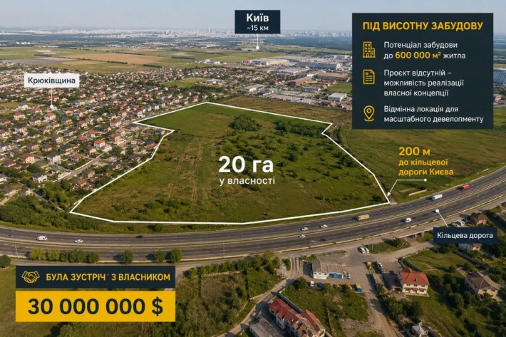 Продаж земельної ділянки 20 га під житлову забудову | Крюківщина | 200 м до Києва - фото 1