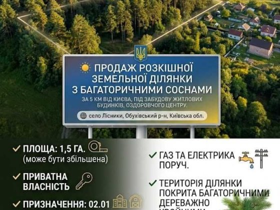 Продаж розкішної земельної ділянки у лісі, за 5 км від Києва під забудову житлових будинків, оздоров Лесники