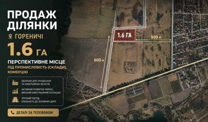 Гореничі Продаж 1.6 Га  КУТОВА під промисловість та комерцію - фото 1