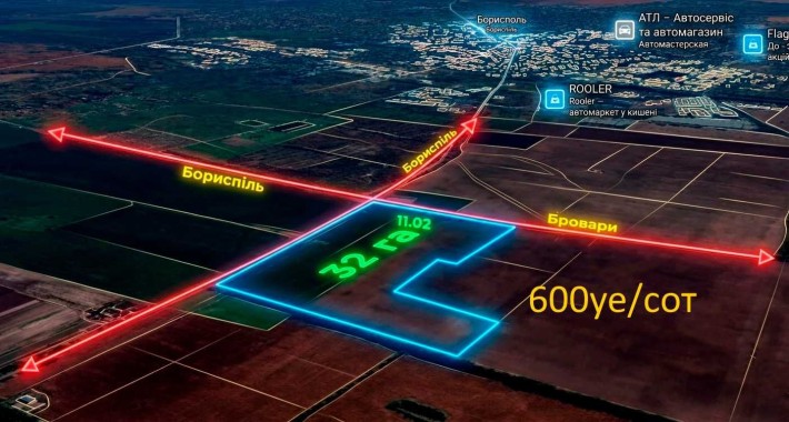 Продаж фасадної земельної ділянки 32 га під логістику та виробництво — Бориспільський р-н (с. Дударк - фото 1