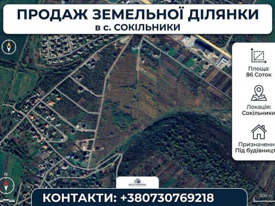 Продаж земельної ділянки 86 соток | 1 лінія від дороги | Прямий заїзд | Ціна вказана за сотку Сокільники
