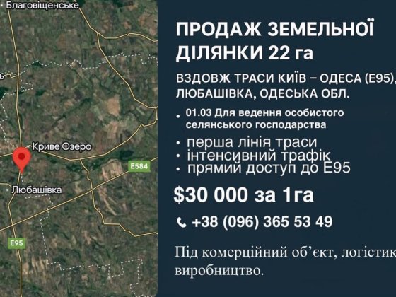 Продаж Ділянка, Земля 22га, Одеса-Київ Е95, Криве Озеро Кривое Озеро