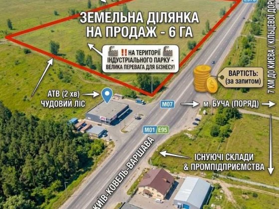 Продається Фасадна Земельна Ділянка під склад, промисловість біля Бучі, траси Київ-Ковель. Буча