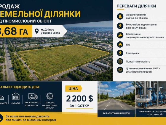 Продаж земельної ділянки 8,68 га під промисловий об’єкт у місті Дніпро Дніпро