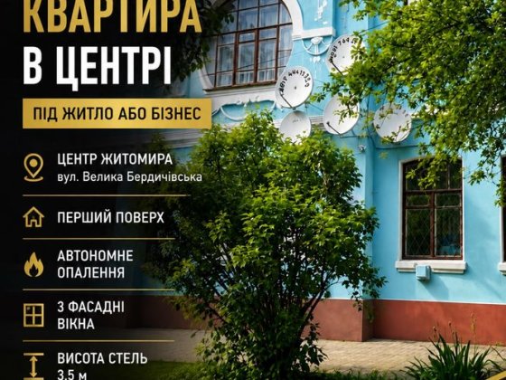Однокімнатна квартира в центрі Житомира в царському будинку під житло або бізнес Житомир