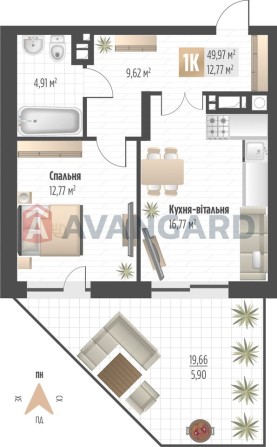 1-кімнатна квартира з великою терасою в ЖК Soul Park | 49,97 м² - фото 1