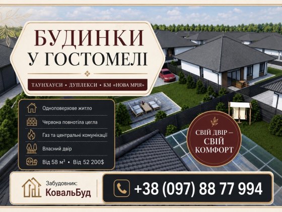 Новобудова в Гостомелі - продаж одноповерхового таунхауса 80 м² від забудовника з великою територією
