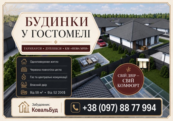 Новобудова в Гостомелі - продаж одноповерхового таунхауса 80 м² від забудовника з великою територією - фото 1