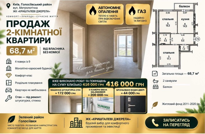 ВІД ВЛАСНИКА! Продаж 2-кімнатної квартири 65м2. ГАЗ в ЖК Кришталеві Джерела - фото 1