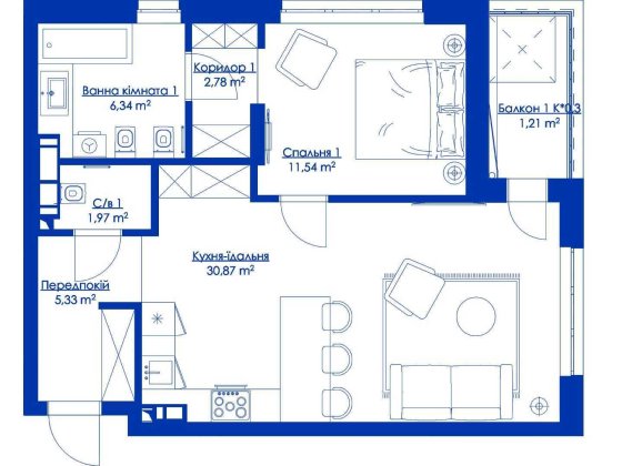 2к квартира 60 м2. в будинку 11 + 2 паркомісця  ЖК RYBALSKY Рибальський